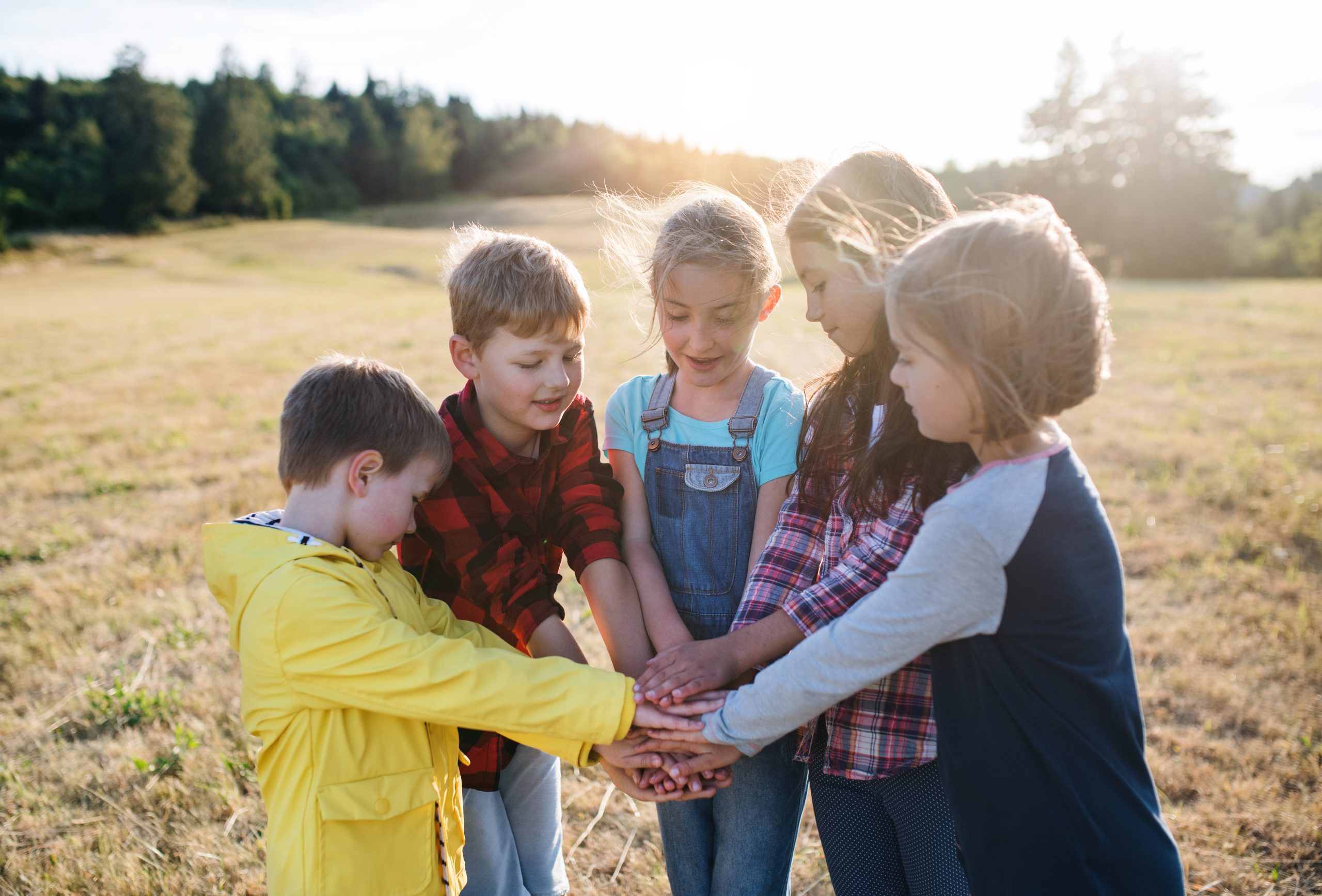 Portrait of group of school children standing on field trip in nature, putting hands together.